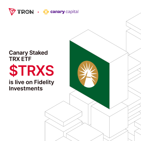 A promotional graphic announcing that the Canary Staked TRX ETF ($TRXS) is live on Fidelity Investments, featuring the TRON and Canary Capital logos.