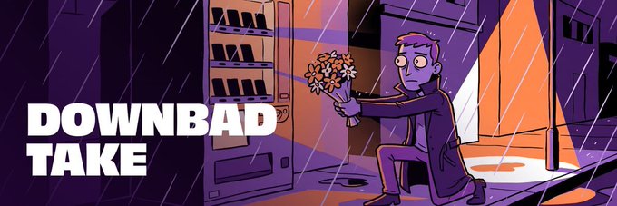 A cartoon man holding flowers in a downpour with the text "DOWNBAD TAKE" appears, humorously symbolizing a dejected crypto investor hoping for a price recovery. The image reflects the poster's regret over buying NEWT at $0.65, only to watch the token underperform despite seemingly solid fundamentals and notable backers like PayPal Ventures, DCG, and Polygon.
