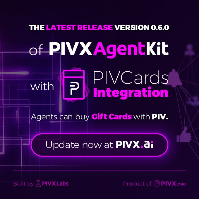 The image features a purple background with white text that reads "The latest release version 0.0" at the top, followed by an advertisement for PIVX Agent Kit. The text suggests that agents can now buy gift cards using PIVX.ai, and the image shows a purple box with a pink border containing a logo of a person holding a gift card.