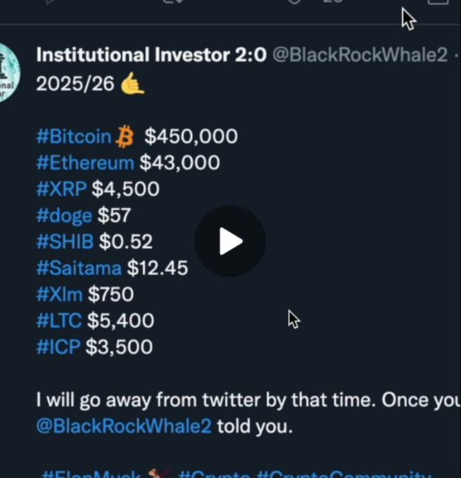A screenshot of a tweet from @BlackRockWhale2 predicting cryptocurrency prices for 2025/26, including Bitcoin at $450,000, Ethereum at $43,000, XRP at $4,500, and various other tokens.