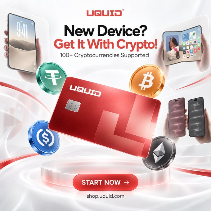 An advertisement for UQUID showing a red card, coins for Tether, Bitcoin, and Ethereum, and phones, with the text "New Device? Get It With Crypto! 100+ Cryptocurrencies Supported" and a "START NOW" button linking to shop.uquid.com.