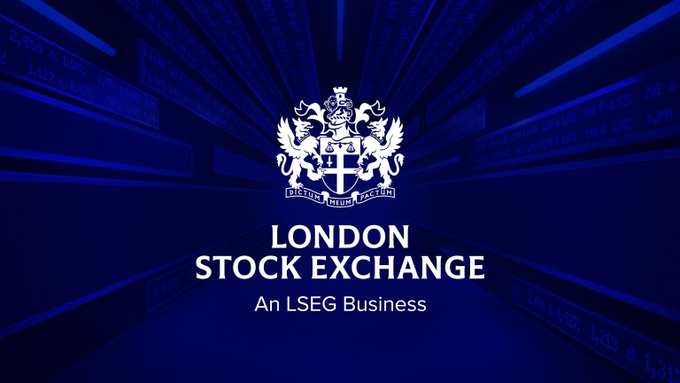 The image displays the London Stock Exchange logo featuring its heraldic crest with lions and a shield, set against a dark blue background of scrolling stock tickers, with the text "LONDON STOCK EXCHANGE - An LSEG Business." This imagery directly relates to the news of LSEG's plans to launch 24/7 tokenized trading on its new LSE platform in partnership with Payward (Kraken's parent company), representing the exchange's move toward blockchain-based trading of UK-listed shares.