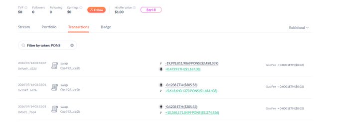 A user profile transactions page filtered by token PONS, showing swap transactions between USDC/ETH and PONS with negative ETH values and gas fees.