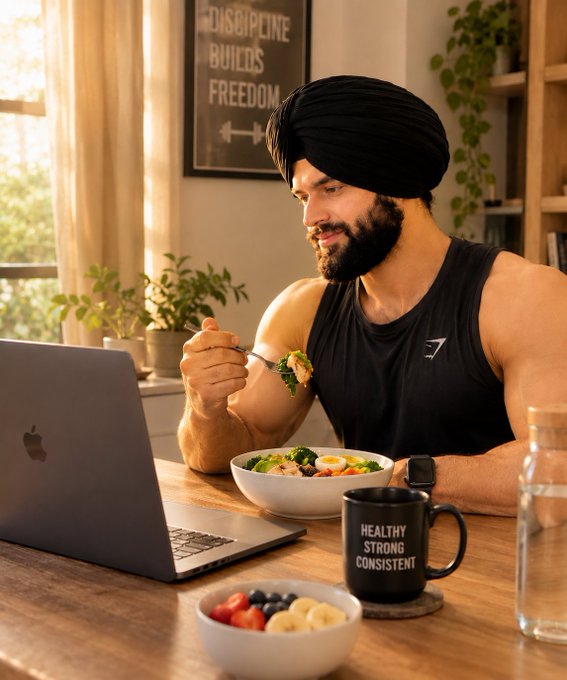 A bearded man wearing a black turban and Gymshark tank top sits at a wooden desk eating a healthy meal while working on an Apple laptop; a mug reads 'HEALTHY STRONG CONSISTENT' and a framed poster behind him says 'DISCIPLINE BUILDS FREEDOM.'