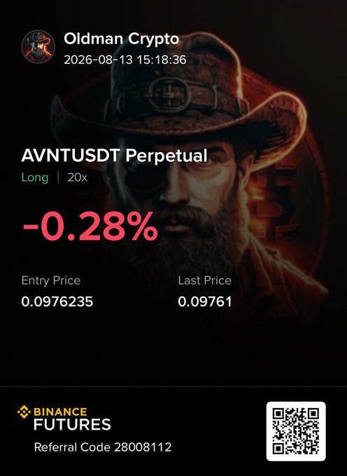 The image shows a Binance Futures trading card from "Oldman Crypto" (dated 2026-08-13) displaying a long position on the AVNTUSDT Perpetual pair at 20x leverage, showing a -0.28% loss with an entry price of 0.0976235 and last price of 0.09761. The card features a cowboy-styled avatar with a Bitcoin-themed background and includes a Binance referral code (28008112) alongside a QR code, which visually documents the trader's current unrealized loss on AVNT to accompany the disclaimer about personal opinion and risk.