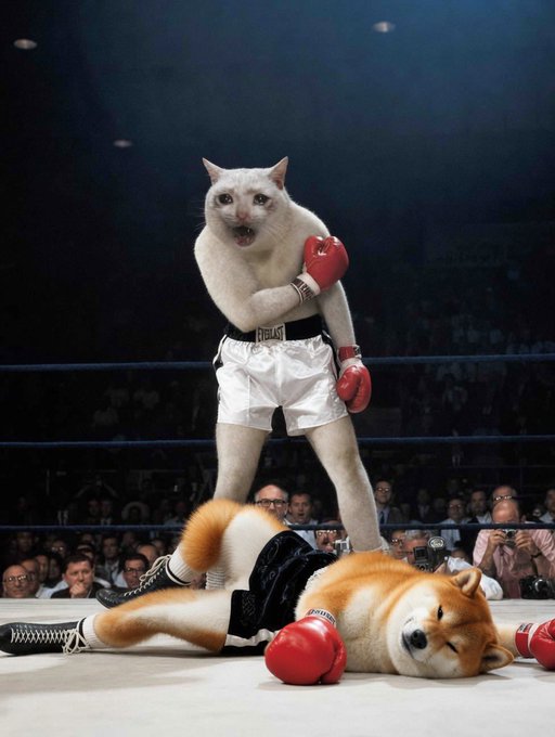 An edited photo of a boxing match where a white cat in red Everlast gloves and white trunks stands victorious over a knocked-down Shiba Inu dog wearing black trunks, in front of a crowd.