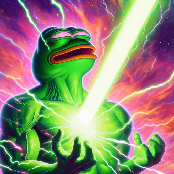 The image features a green frog with orange eyes, holding a beam of light above its head. The frog appears to be emitting the bright light from its mouth or nose. The background of the image is filled with purple and pink colors, creating an artistic and vibrant atmosphere. The image also contains text that reads "PEPE #PEPE" and "#PEPE". This suggests that the image might be related to a post about the green frog or possibly a discussion on the PEPE character in some context.