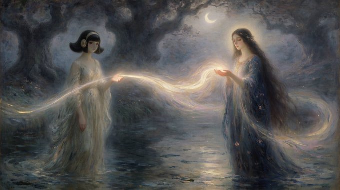 Two ethereal women in flowing gowns stand in a moonlit, misty landscape, exchanging a luminous stream of light between their outstretched hands. The image evokes the mystical transfer of something intangible—fitting the post's theme of "free tokens" flowing through "Nous Portal," where the radiant ribbon symbolizes the effortless passage of digital value between unseen realms.