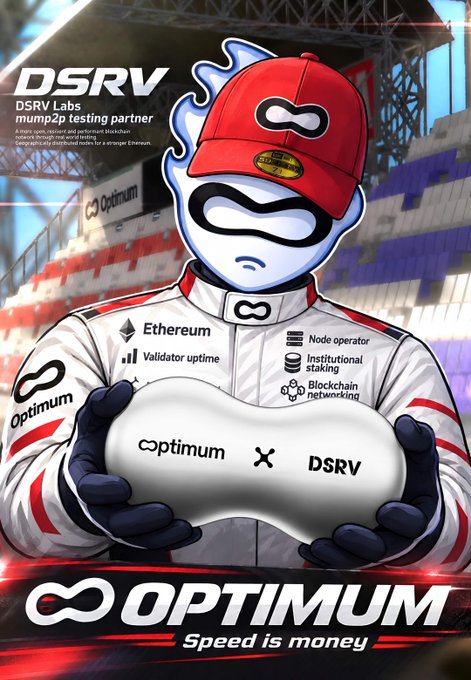 A promotional poster featuring a racing-themed mascot in a red cap and racing suit holding a controller, advertising 'DSRV Labs mump2p testing partner' and 'OPTIMUM Speed is money' with various tech labels like Ethereum, Validator uptime, and Blockchain networking.