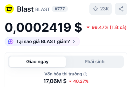 A cryptocurrency tracker shows Blast (BLAST) at $0.00002419, down 99.47%, with a market cap of $17.06M, down 40.27%.