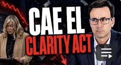 This image features the text "CAE EL CLARITY ACT" overlayed on a thumbnail with two people and a red downward trending graph. The post suggests this imagery relates to a meeting that will determine DeFi's future in the U.S.