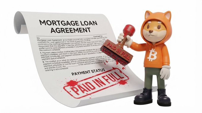 A 3D-rendered Shiba Inu character wearing an orange Bitcoin-themed hoodie stamps a 'PAID IN FULL' mark onto a 'MORTGAGE LOAN AGREEMENT' document.