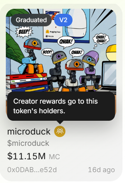 A screenshot shows a crypto token called 'microduck' ($microduck) with a market cap of $11.15M, noting that creator rewards go to token holders.
