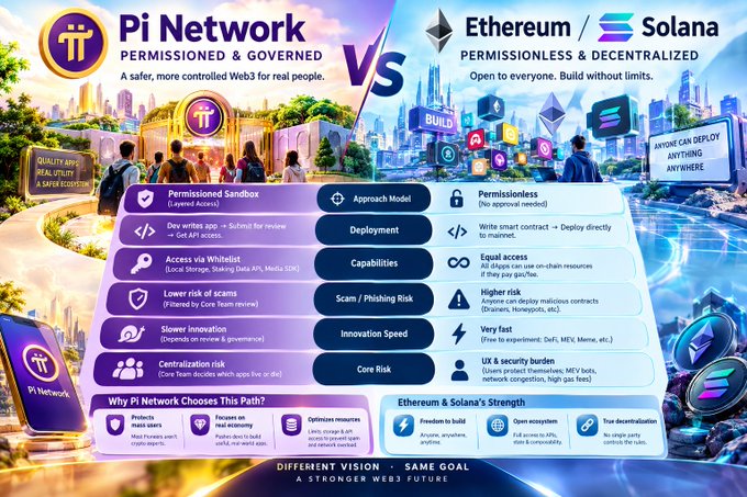 The image is a side-by-side comparison infographic titled "Pi Network vs Ethereum/Solana," highlighting Pi Network's "Permissioned & Governed" model against the "Permissionless & Decentralized" approach of Ethereum and Solana, with the post emphasizing the fundamental differences in their Web3 dApp development paths, including Pi's whitelisted sandbox process versus open smart contract deployment on the other networks.