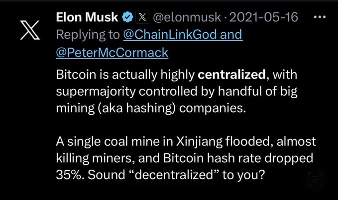 The image features a Twitter post with a caption about Bitcoin, stating that it is "actually highly centralized", which is supported by a quote from an expert. The caption also mentions that Bitcoin is controlled by a handful of big companies, including mining (aka hash) companies and mining companies. The image includes the text "A single coal mine in Xinfang flooded, almost killing miners, and Bitcoin hash rate dropped to you?".