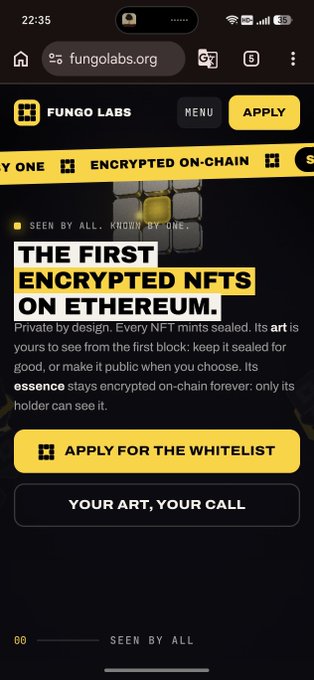 A mobile screenshot of the Fungolabs.org website promoting "THE FIRST ENCRYPTED NFTS ON ETHEREUM," describing private-by-design NFTs with options to "APPLY FOR THE WHITELIST" and "YOUR ART, YOUR CALL."