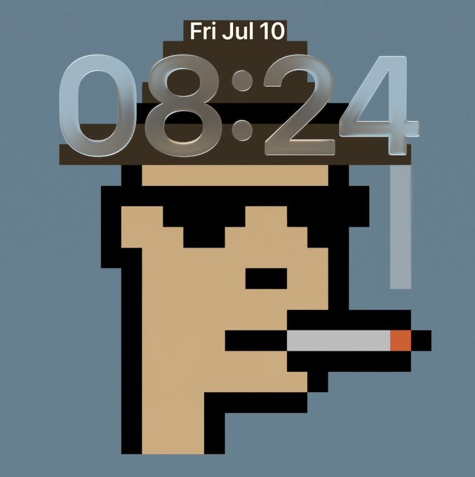 A pixel-art character wearing sunglasses smoking a cigarette with a digital clock overlay reading 'Fri Jul 10' and '08:24' on a gray background.