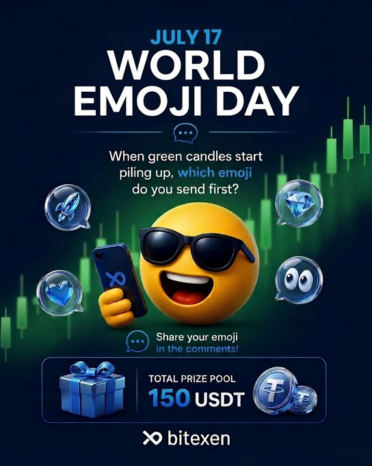 A promotional graphic for 'JULY 17 WORLD EMOJI DAY' by Bitexen, featuring a sunglasses-wearing emoji holding a phone, asking users which emoji they send first when green candles appear, with a 150 USDT prize pool.