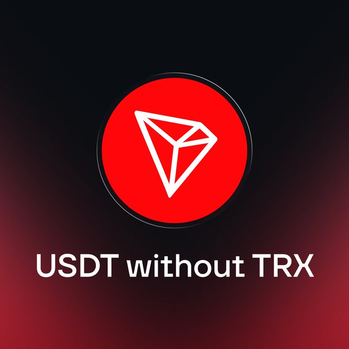 The image displays the white TRON (TRX) diamond logo on a red circular badge with the caption "USDT without TRX" beneath it, visually emphasizing Keeper's key feature highlighted in the post—enabling users to send USDT on the TRON network without needing to hold TRX for gas fees, with savings of up to 50%.