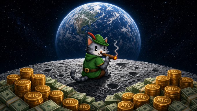 AI-generated artwork of an anthropomorphic cat dressed as Robin Hood sitting on a moon surface surrounded by gold Bitcoin coins and cash stacks, with Earth in the background.