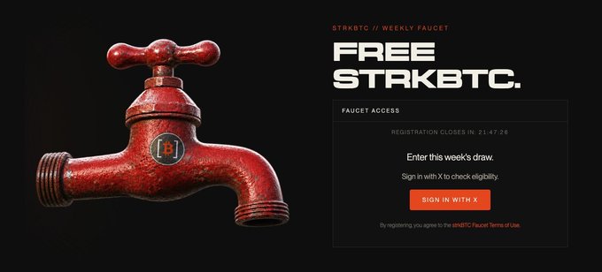 A red faucet featuring a Bitcoin logo is displayed alongside text advertising "FREE STRKBTC" from a Starknet weekly faucet, with a registration countdown showing 21 hours, 47 minutes, and 26 seconds remaining and a "Sign In With X" button for accessing the draw.