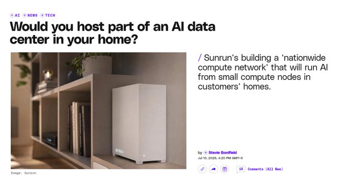 A sleek, minimalist beige Sunrun home battery unit sits on a shelf beside books and potted plants, illustrating the company's new initiative to turn customers' homes into nodes of a nationwide AI compute network. The post from user highlights how Holochain could help Sunrun execute this distributed model in an accountable, decentralized way.