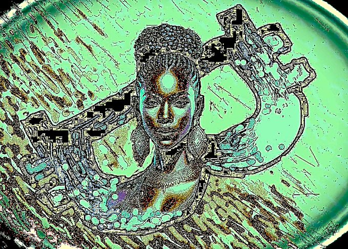 A stylized digital artwork featuring a portrait of a Black woman with an updo hairstyle, rendered in vibrant green tones with intricate textured details and abstract background patterns.