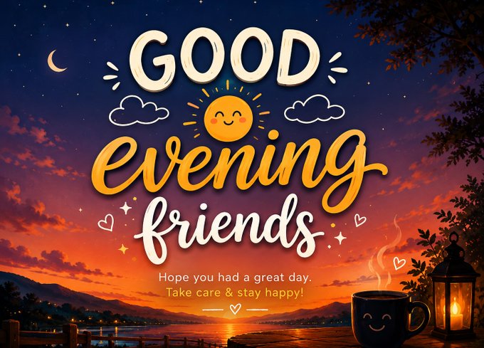 The image features a poster for Good Evening Friends that includes a sunset scene and text about taking care of oneself during the evening hours. The poster also contains a coffee cup with a smiley face design, suggesting a relaxing atmosphere or a time for enjoying a warm beverage while reading or unwinding after a long day.