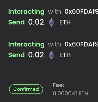 The image shows a screen with two columns of text, one labeled "Interacting" and the other "With 0.02". The text appears to be related to an interaction between two parties or a transaction involving Etherium. The first column is titled "Interacting" while the second column has the word "with" written in front of it. This suggests that there might have been some sort of exchange, possibly involving Etherium, and now the screen displays the details of this exchange.