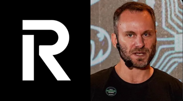 The image shows a split screen with the white "R" Revolut logo on a black background on the left, and a man with a beard wearing a black t-shirt speaking into a headset microphone at what appears to be a conference on the right, likely a Revolut executive discussing the platform's delisting of USDT.

The image reinforces the post by visually highlighting Revolut's branding alongside a speaker, illustrating the company's decision to delist USDT for its 50 million European users in favor of MiCA-compliant alternatives like USDC.