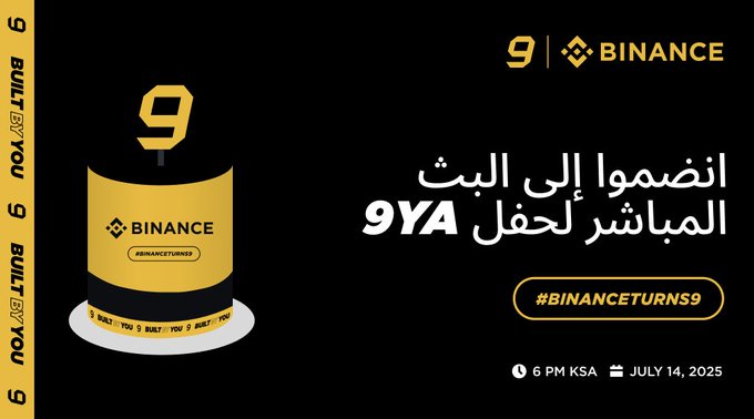 A black and gold promotional graphic announces Binance's 9th anniversary celebration, featuring the "9 BUILT BY YOU" slogan, the Binance logo, a yellow cake illustration with the "#BINANCETURNS9" hashtag, and event details showing "6 PM KSA | July 14, 2025," inviting followers to join the live broadcast on Instagram and Binance Square as mentioned in the accompanying post.