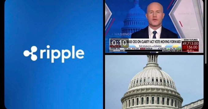 The image shows a news broadcast featuring a man speaking at the U.S. Capitol building. The news anchor is reporting that Ripple and Coinbase are joining forces to advance on-chain transparency, which could lead to a shift towards digital assets following the passing of the CLARITY Act.