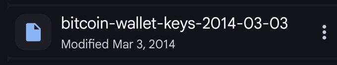 A Google Drive file titled "bitcoin-wallet-keys-2014-03-03," last modified on March 3, 2014, suggesting the user encountered this old file while organizing their digital storage.
