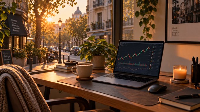 A cozy desk setup by a window overlooking a European-style street at sunset, featuring a laptop displaying trading charts, a coffee cup, a candle, and a potted plant, with a note reading 'Good Trades Brighter Futures' on the wall.