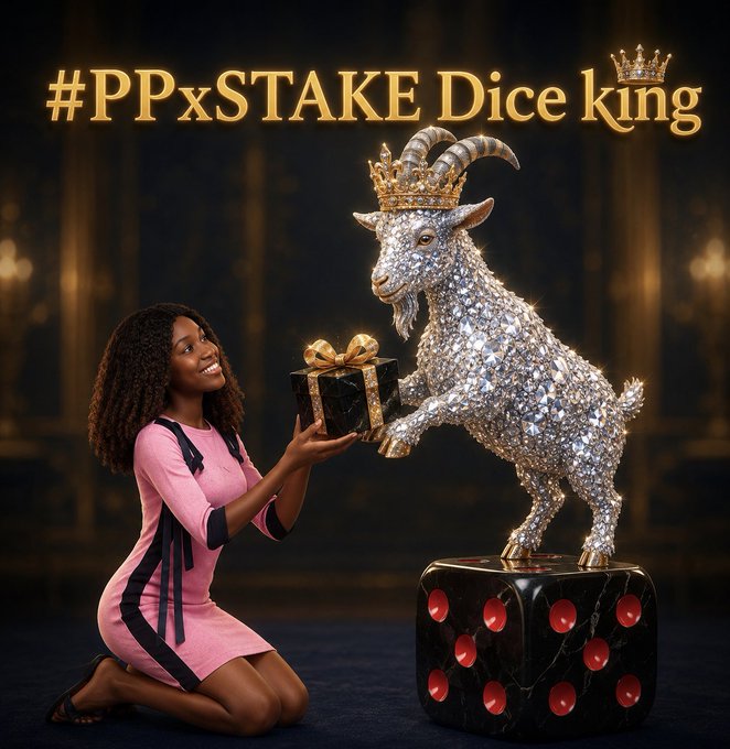 A woman kneels presenting a gift box to a sparkling, crown-wearing goat statue atop a large dice, with the text "#PPxSTAKE Dice king" displayed prominently, fitting the celebratory theme of partnership recognition between PP and Stake.
