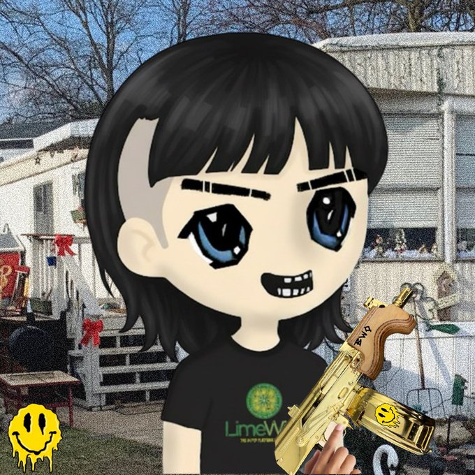 A cartoon avatar of a person with black hair wearing a LimeWire t-shirt holds a gold saxophone, with a melting smiley face graphic in the corner, set against a house background.