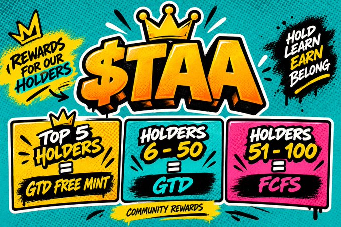 A vibrant promotional graphic for a cryptocurrency or token called $TAA, featuring a crown logo and outlining community rewards including 'Top 5 Holders' getting a free mint, 'Holders 6-50' receiving GTD, and 'Holders 51-100' receiving FCFS.