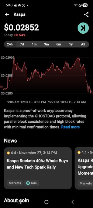 A cryptocurrency price tracking app showing Kaspa (KAS) at $0.02852, down 0.54%, with a price chart and news headlines about a 40% rally.