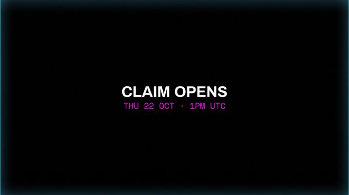 A dark promotional card with a glowing blue border reads “CLAIM OPENS” and “THU 22 OCT · 1PM UTC” in white and magenta text.