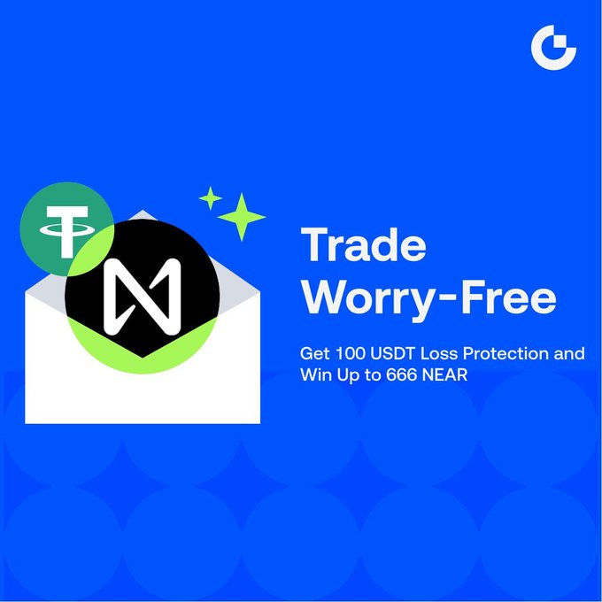 A blue promotional graphic for a crypto trading campaign features a white envelope with Tether (USDT) and NEAR Protocol coin graphics emerging from it, alongside the text "Trade Worry-Free: Get 100 USDT Loss Protection and Win Up to 666 NEAR," highlighting the new trader rewards offer.