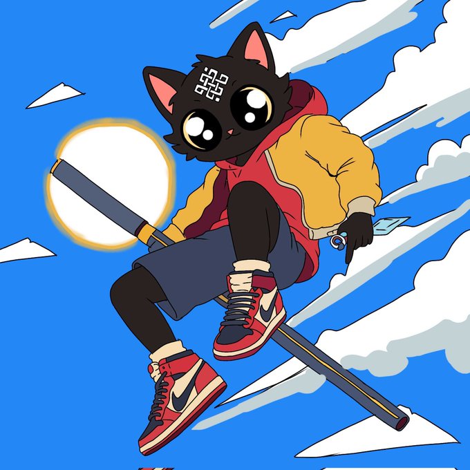 Anime-style digital art of a black cat character with large eyes and a forehead symbol, wearing a yellow and red hooded jacket, blue shorts, and red Air Jordan 1 sneakers, holding a staff against a blue sky with clouds.