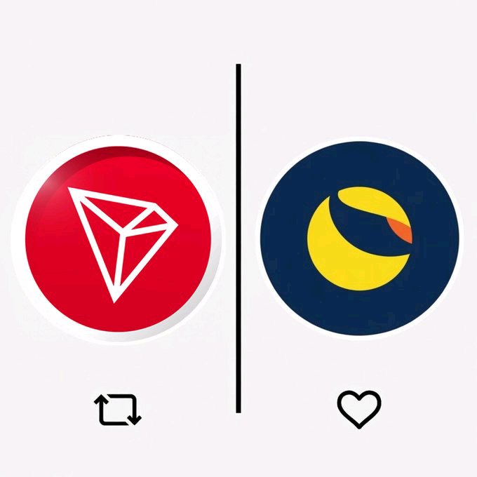 The image shows two circles, each with a different logo. The top circle has a red triangle with a white "TRO" symbol inside of it, while the bottom circle features a yellow moon with an orange "L" inside of it. Below these circles are two lines, one black and one white, which say "If you have 100k then which one is your choice". The image also contains text that reads "TRON or $LUNC #memeecoins #100x".