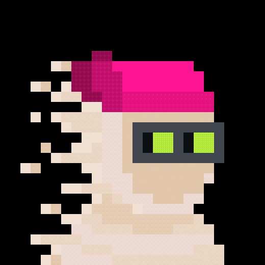 A pixel art image of a head wearing a pink hat and green pixelated visor glasses, with a glitch-like dissolving effect on the left side.