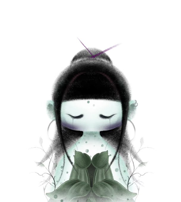 A digital artwork of a pale, ghostly female figure with long dark hair, closed eyes, wearing a green dress-like garment, with a faint pink halo behind her head.