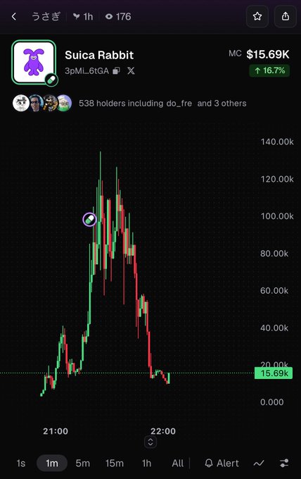 A mobile screenshot showing a crypto/memecoin chart for 'Suica Rabbit' (3pML6tGA) at $15.69K market cap, up 16.7%, with 538 holders and a candlestick chart showing a dramatic spike and decline.