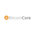 A minimalist white image shows the orange Bitcoin symbol and gray text “BitcoinCore.”