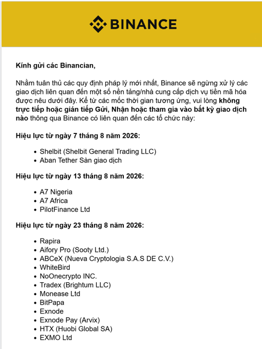 An official Binance announcement in Vietnamese titled 'Kính gửi các Binancian' listing cryptocurrency platforms and services that will be delisted, with effective dates ranging from August 7 to August 23, 2026.
