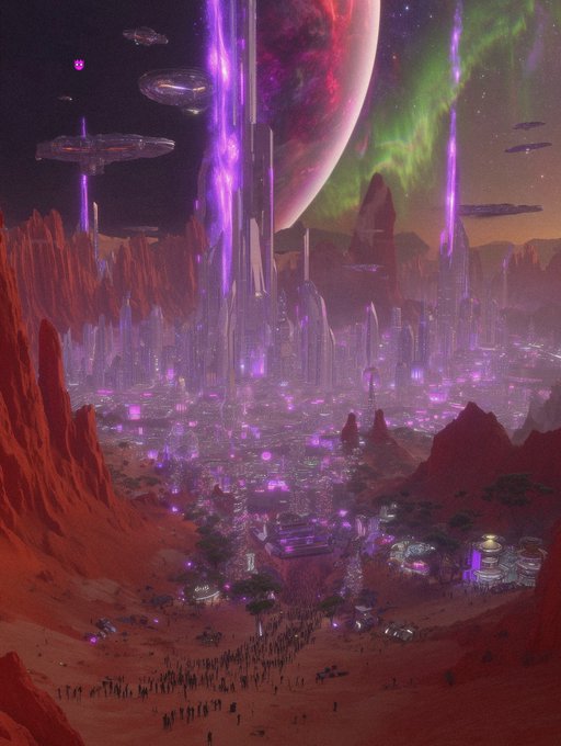 A futuristic sci-fi artwork depicting a sprawling alien city with glowing purple towers, spaceships, and red rocky mountains under a large planet and an aurora-filled sky.