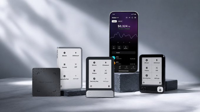 A product display of Ledger crypto hardware wallets showing multiple devices including a phone with a Bitcoin wallet showing '$6,324.73' and smaller hardware wallets displaying Bitcoin, Ethereum, Solana, and XRP assets.