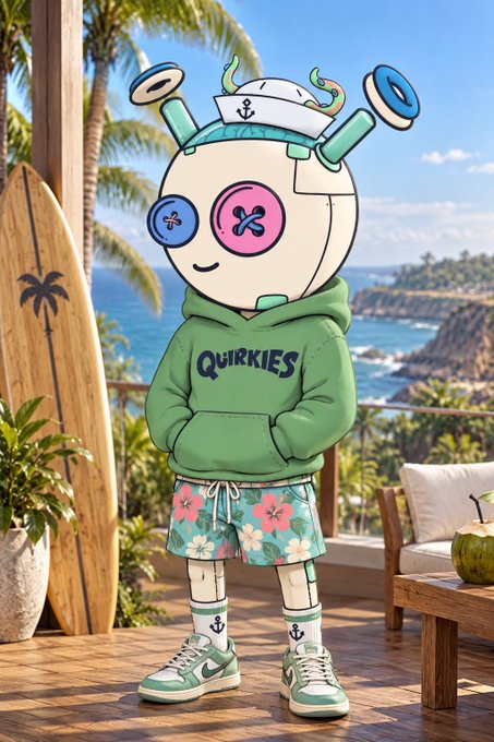 An illustrated cartoon character wearing a sailor hat, green 'QUIRKIES' hoodie, floral shorts, and green sneakers stands on a tropical balcony with a surfboard, ocean view, and coconut drink.